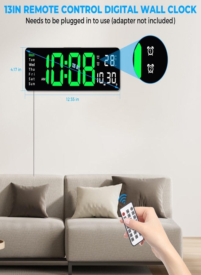 Sukeen Digital Clock, 13inch Digital Wall Clock, Wall Clock Digital Alarm Clock with Remote Control/Count Up & Down/10-Level Dimming/Dual Alarm/Date/Temperature for Home, Office, Gym Clock - Green - Image 3